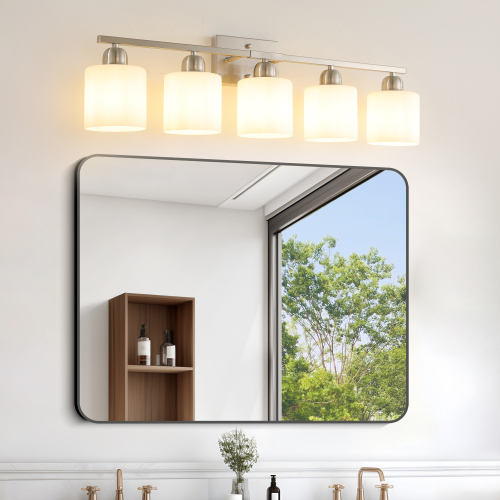 Modern 5-Light Chrome Iron Vanity Light with Frosted Glass Shades