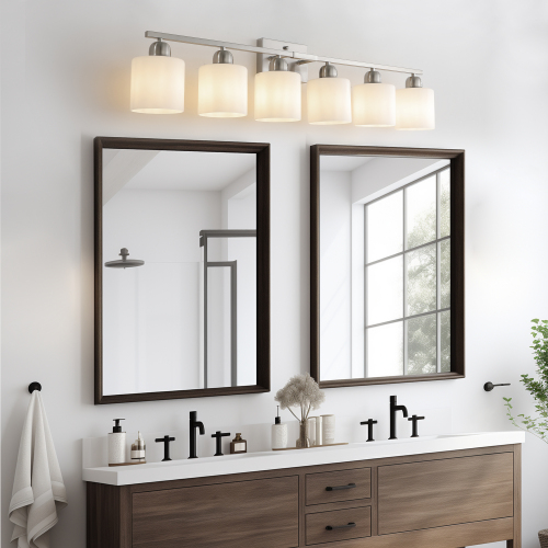 6-Light Chrome Iron Bathroom Vanity Light with Milky Glass Shades