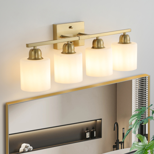 Coppery Iron 4-Light Bathroom Vanity Light with Frosted Glass