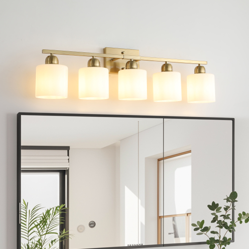 Coppery Iron 5-Light Vanity Fixture with Frosted Glass Shades