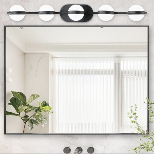 35-Inch Black Iron LED Vanity Light with 5 Frosted Glass Shades