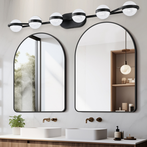 35.4-Inch Black Iron 6-Light LED Vanity Light with Acrylic Shades