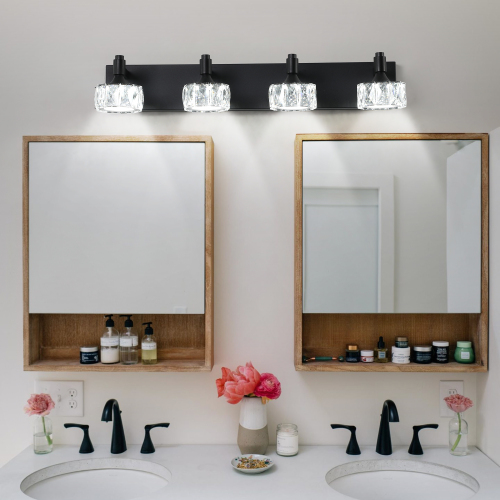 36-Inch Matte Black Iron 4-Light LED Vanity Light with Crystal Shades