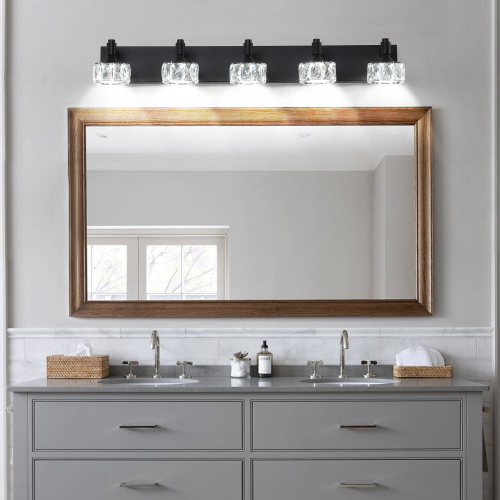 36-Inch Matte Black Iron 5-Light Vanity Fixture with Glass Shades