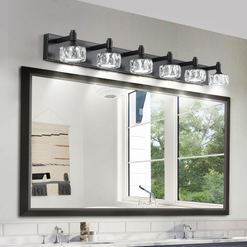 36-Inch Black Iron 6-Light LED Vanity Light with Crystal Shades