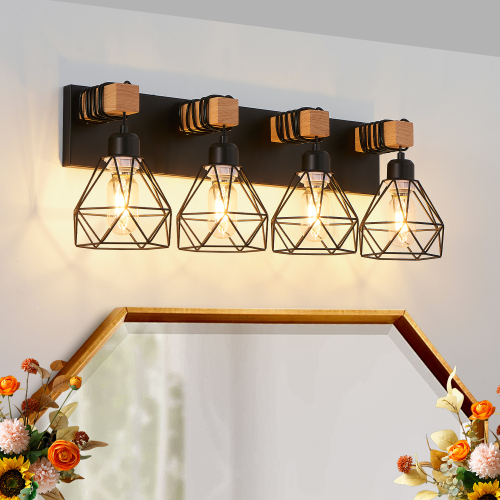 24-Inch Black Iron 4-Light Geometric Vanity Light with Wood Accents