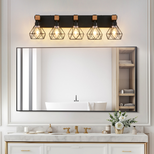 38.2-Inch Black Iron 5-Light Geometric Vanity Light with Cages