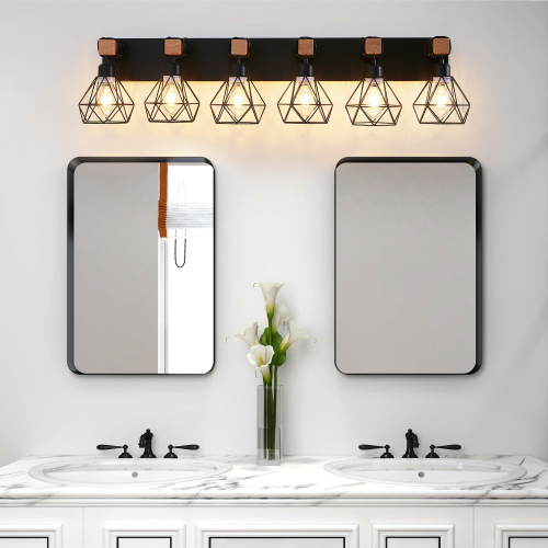 38-Inch Black Iron 6-Light Geometric Vanity Light with Cage Shades