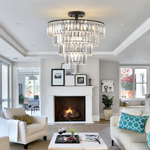 20-Inch Black Iron Crystal 10-Light Flush Mount Chandelier