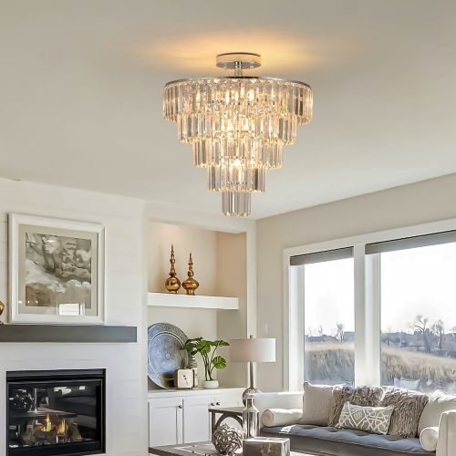 Large Modern Chrome Iron Crystal Chandelier, Bulb Not Included