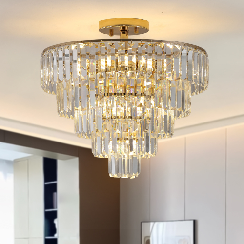 Gold 5-Tier Iron Crystal Semi-Flush Chandelier, 19.7 Inch