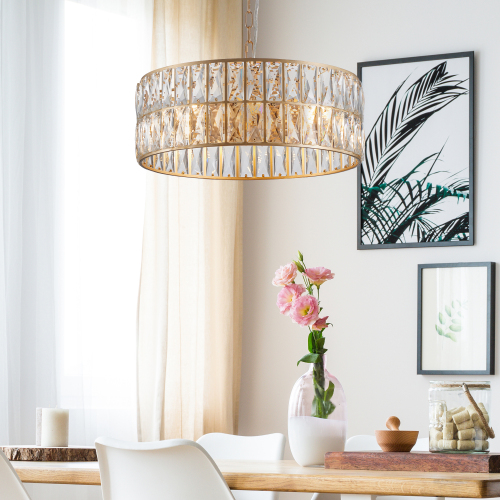 18-Inch Gold Iron 6-Light Modern Crystal Drum Pendant Chandelier