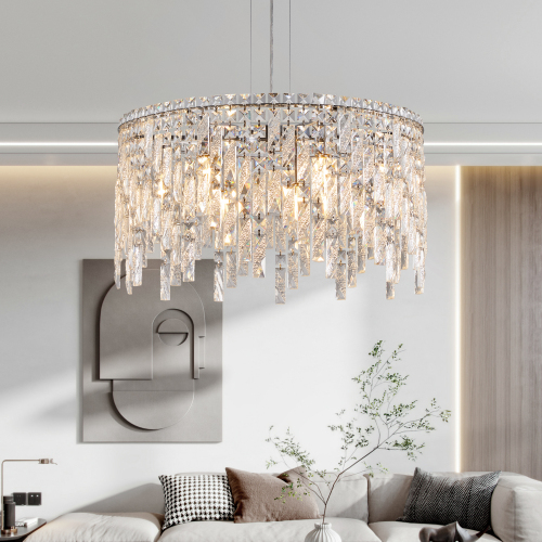 24-Inch Round Chrome Crystal Chandelier with Iron Frame for Dining Rooms