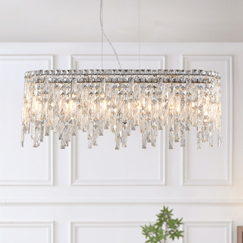 Chrome Oval Crystal and Iron Chandelier, 34.6-Inch Modern Light