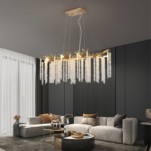 39-Inch Gold Iron Pendant Light with Cascading Crystal Strands