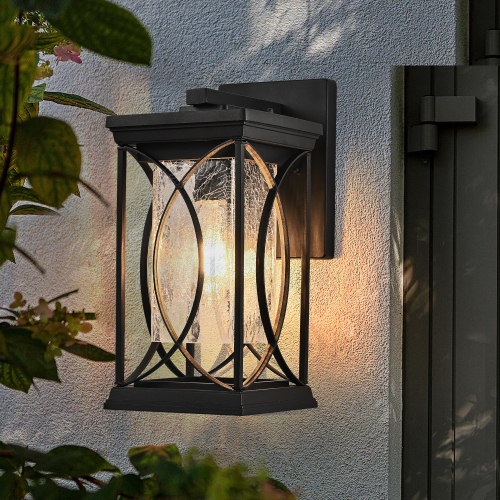 14-Inch Black Aluminium Outdoor Wall Lantern with Crackled Glass