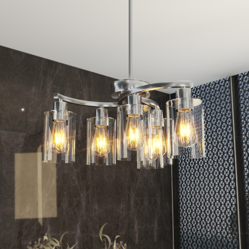 6-Light Chrome Iron Chandelier, 29.5-Inch Adjustable Fixture