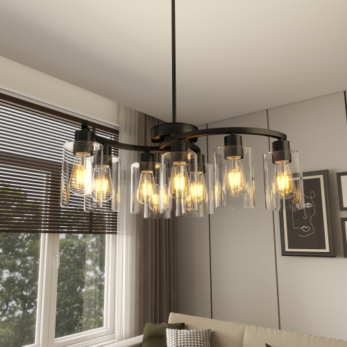 Black Iron 9-Light Chandelier with Clear Glass Shades, 29.5 Inch