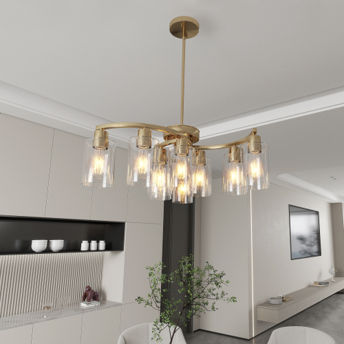 29.5-Inch Gold Iron 9-Light Chandelier with Clear Glass Shades