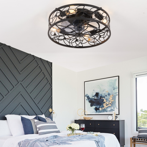 18-Inch Black Iron Caged Ceiling Fan Light with Remote Control