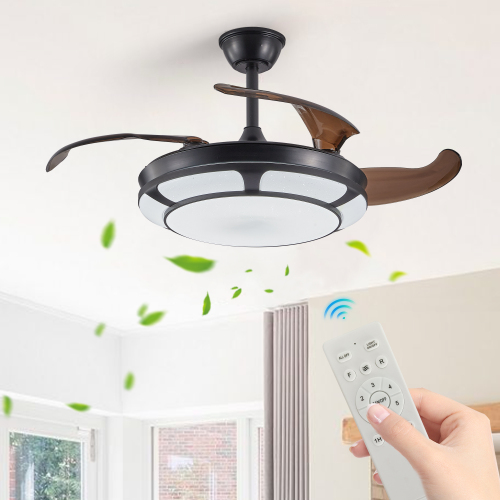 42-Inch Modern Black Iron Retractable Ceiling Fan with LED Light