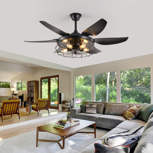 52-Inch Modern Black Iron Ceiling Fan with Industrial Cage Light
