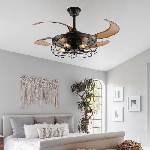 48-Inch Black Iron Ceiling Fan Light with Remote, 4-Blade Cage