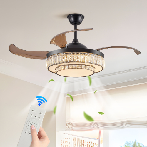 48-Inch Black Iron Crystal LED Retractable Ceiling Fan with Remote