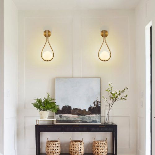 Set of 2 19-Inch Gold Iron Wall Sconces with Opal Glass Globes