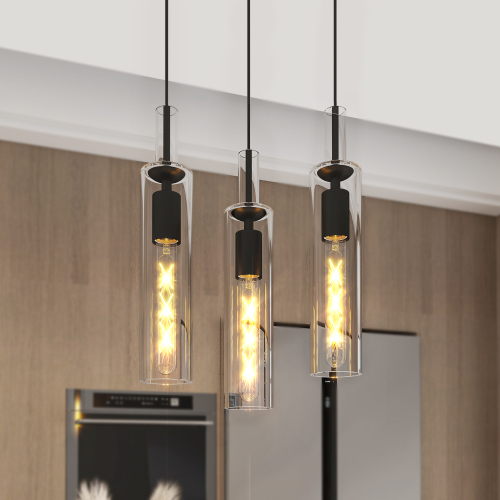 3-Pack Black Iron Adjustable Glass Pendant Lights, 68.5-Inch