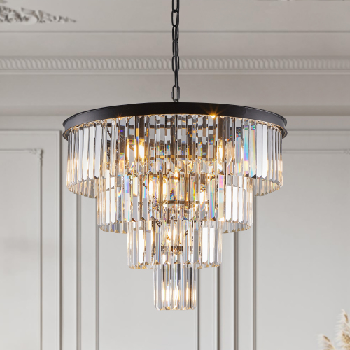 24-Inch Black Crystal and Iron 4-Tier Contemporary Chandelier
