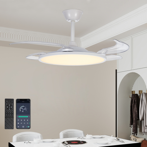 42-Inch White Iron Retractable Ceiling Fan with Light and Remote