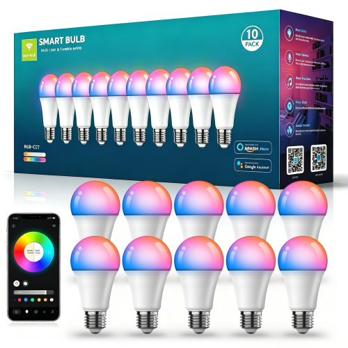 10-Pack White PC A19 Smart RGB Color-Changing Wi-Fi Light Bulbs