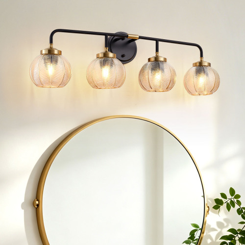4-Light Black and Gold Iron Vanity Light with Amber Leaf-Textured Shades