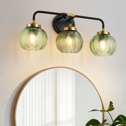 3-Light Black and Gold Iron Vanity Light with Leaf-Textured Glass