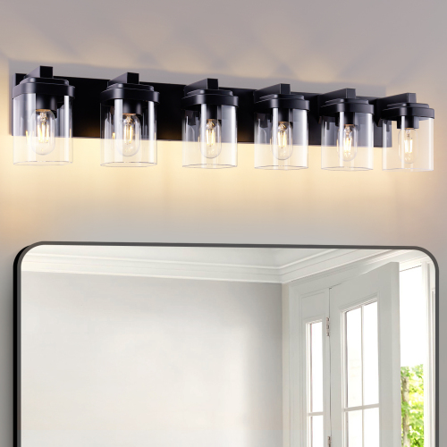 6-Light Matte Black Iron Vanity Light, Clear Glass, 15.70-In. Wide