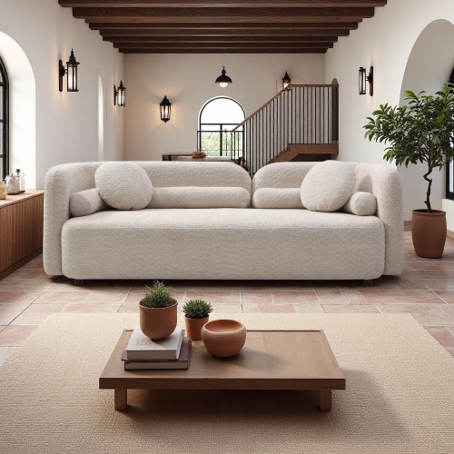 Modern Light Beige Boucle 3-Seat Sofa with Eucalyptus Wood Frame
