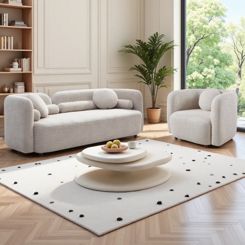Light Beige 2-Piece 3-Seat Boucle Sofa and Chair Set, Solid Wood
