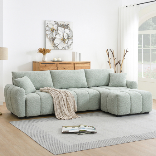 110-Inch Light Green Boucle 4-Seat Modular L-Shaped Sectional