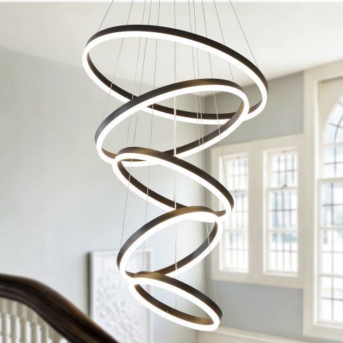 Black 5-Ring LED Chandelier with Remote, Acrylic and Aluminum