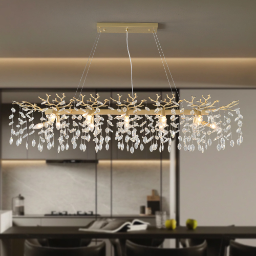 Large Gold Metal and Crystal Pendant Lamp for Dining Room Lighting