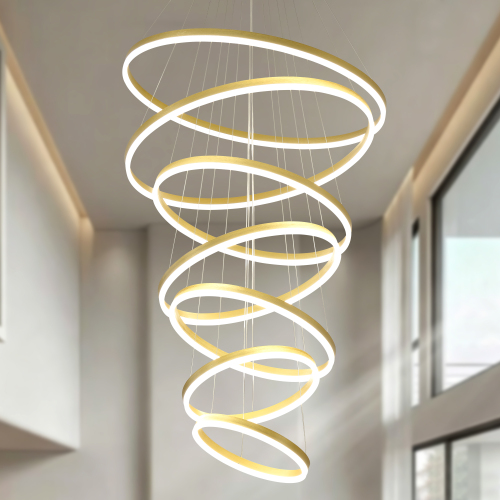 Gold 7-Ring Adjustable LED Chandelier with Remote, Acrylic & Aluminum
