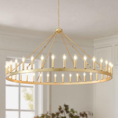 63.8-Inch Gold Iron 36-Light Wagon Wheel Chandelier for Large Rooms