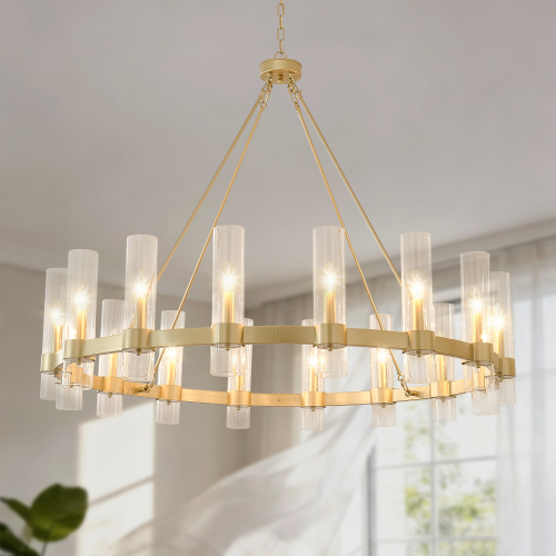 50.4-Inch Gold Iron Wagon Wheel Chandelier with 16 Seeded Glass Lights