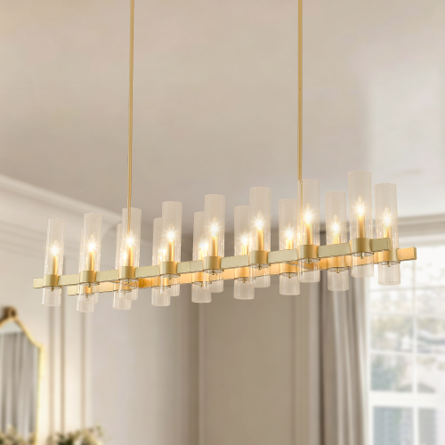 Gold 16-Light Linear Metal Chandelier with Clear Glass Shades
