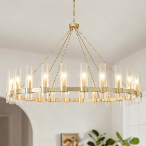 Gold Iron Wagon Wheel Chandelier with 24 Lights and Seeded Glass