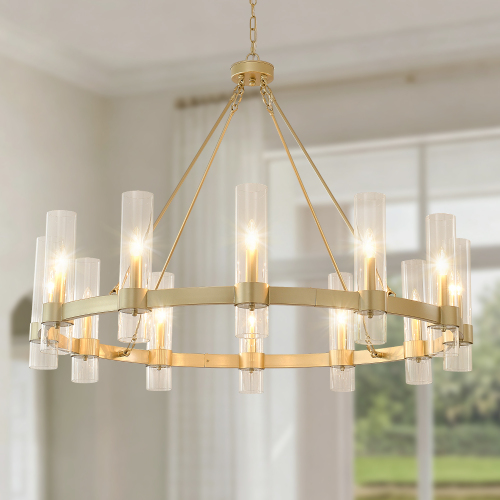 45.7-Inch Gold Iron Wagon Wheel Chandelier with 12 Seeded Glass Shades