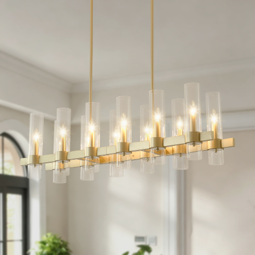 Gold Metal 12-Light Linear Chandelier with Clear Glass Shades