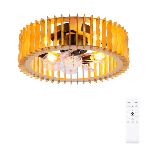 20-Inch Natural Wood and Metal Wavy Cage Ceiling Fan with Light