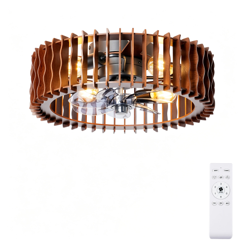 20-Inch Walnut Wood and Metal Cage Ceiling Fan Light with Remote
